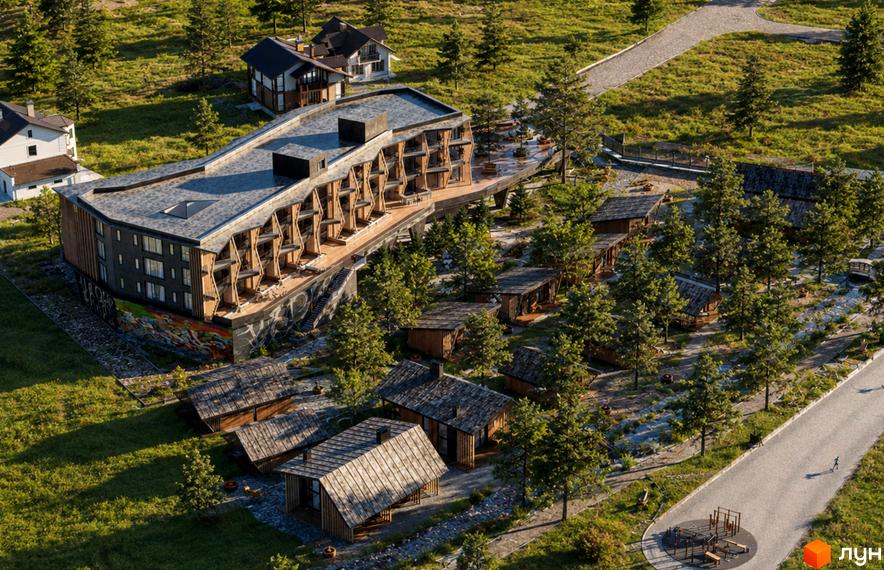 POVOLI Hotel - це житловий комплекс з унікальною архітектурою та мальовничою прибудинковою територією, оточеною деревами. Комплекс складається з головної будівлі з балконами та окремих дерев'яних будиночків.