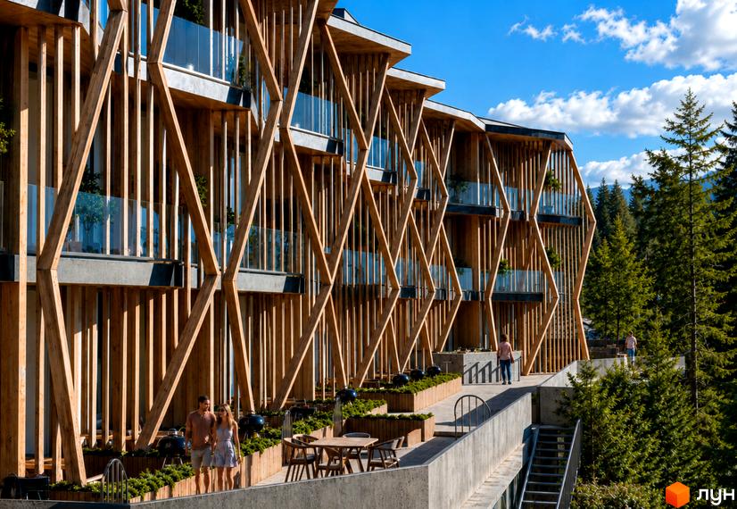 Фасад POVOLI Hotel має дерев'яні вертикальні та діагональні елементи. Прилегла територія включає терасу з озелененням та зонами відпочинку серед гірського пейзажу.