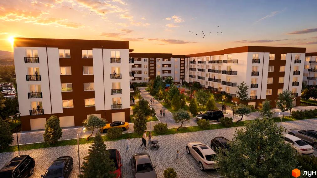 Житловий комплекс Family Life: біло-коричневі багатоповерхові будинки з балконами. Прибудинкова територія з зеленими насадженнями, доріжками та парковкою.