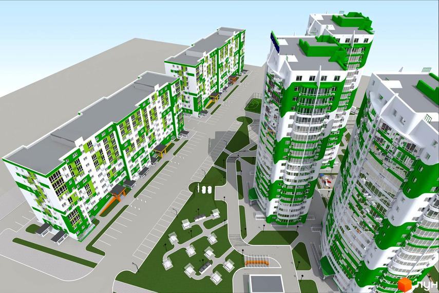 Житловий комплекс ЖМ Острови з яскравим фасадом та прибудинковою територією з зеленими насадженнями та зонами відпочинку.