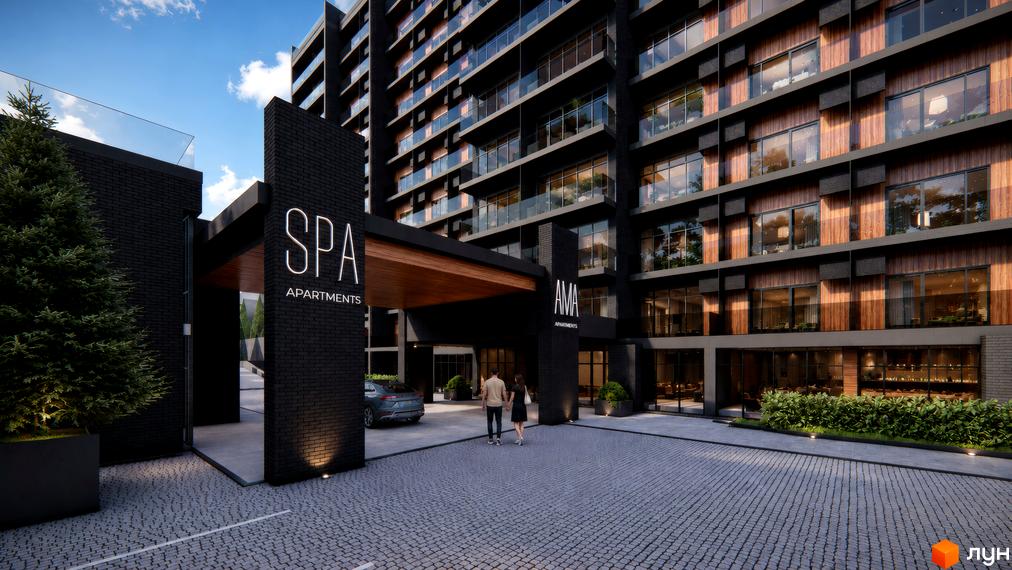 Зовнішній вигляд житлового комплексу AMA APARTMENTS з цегляним фасадом, скляними балконами та дерев'яними елементами. Перед будинком облаштована брукована прибудинкова територія з зеленими насадженнями.