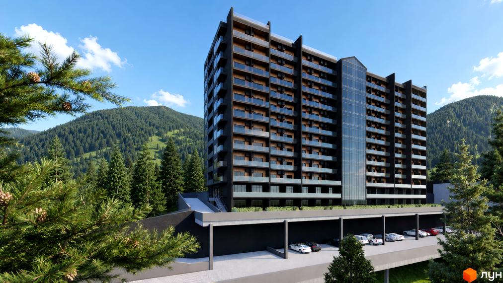 AMA APARTMENTS - багатоповерховий будинок з панорамними вікнами та балконами, оточений лісом. На території розташований паркінг.