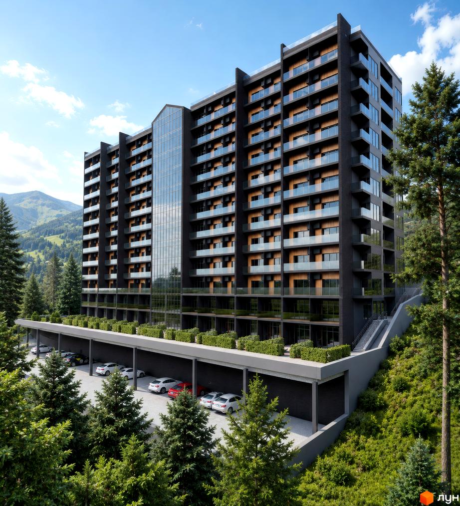 Багатоповерховий AMA APARTMENTS з темним фасадом, скляними балконами та дерев'яними елементами, серед гір, хвойних дерев, з паркінгом.