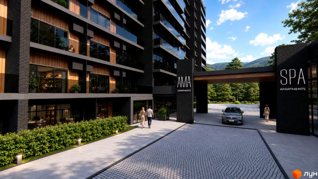 Багатоповерховий будинок AMA APARTMENTS з темним цегляним фасадом, дерев'яними вставками та скляними балконами. Прибудинкова територія має доріжки, зелень та арку до SPA APARTMENTS.