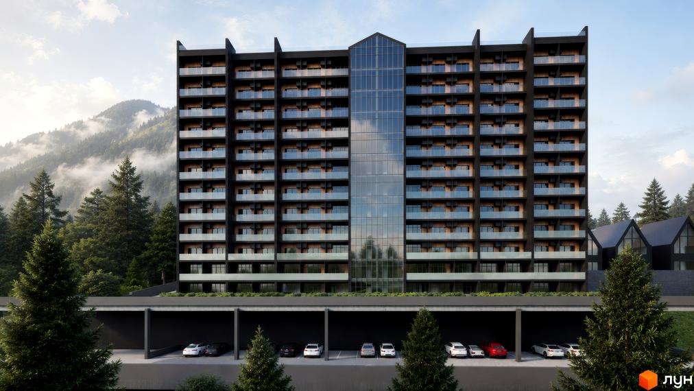 Будівля AMA APARTMENTS з темним фасадом, скляними балконами та центральним скляним елементом. Навколо гірський ліс та паркінг.