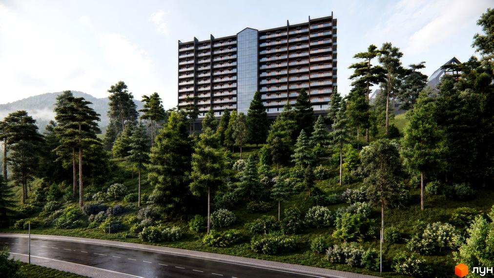 AMA APARTMENTS - багатоповерховий будинок з балконами та скляним фасадом, розташований на схилі гори серед хвойних дерев.