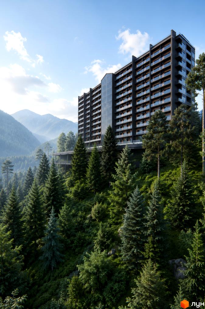 AMA APARTMENTS - багатоповерховий житловий комплекс, розташований на схилі гори серед хвойного лісу. Будівля має темний фасад, скляні балкони та панорамні вікна.