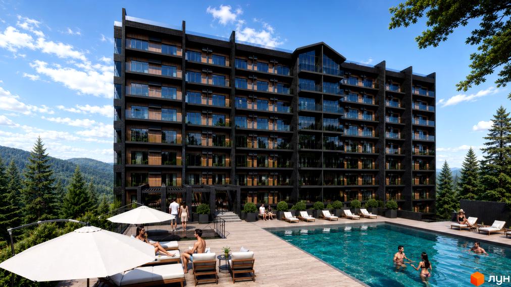 AMA APARTMENTS - багатоповерховий будинок з темним фасадом та скляними балконами, поруч басейн та зелені насадження.