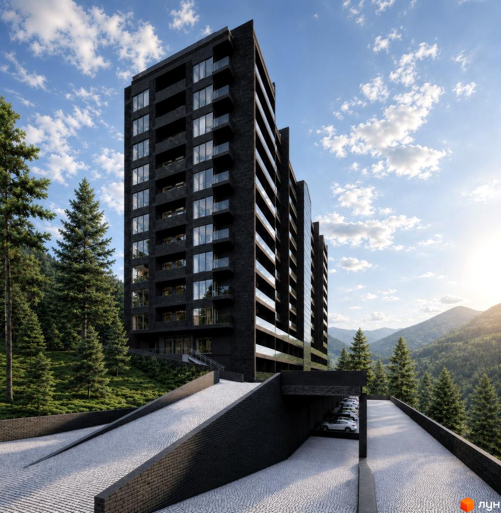 AMA APARTMENTS - чорний багатоповерховий будинок з панорамними вікнами серед хвойних дерев. Біля будинку розташований підземний паркінг та вимощений бруківкою під'їзд.