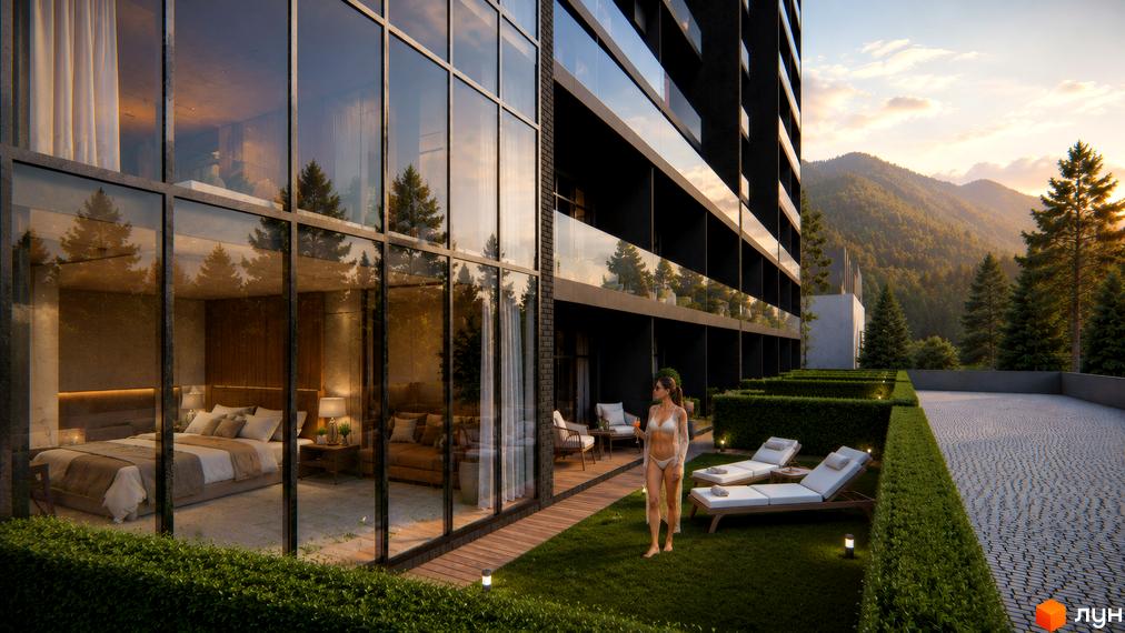 AMA APARTMENTS - сучасний житловий комплекс з панорамними вікнами та балконами, що виходять на гори. Прибудинкова територія з доглянутими газонами та зонами відпочинку.