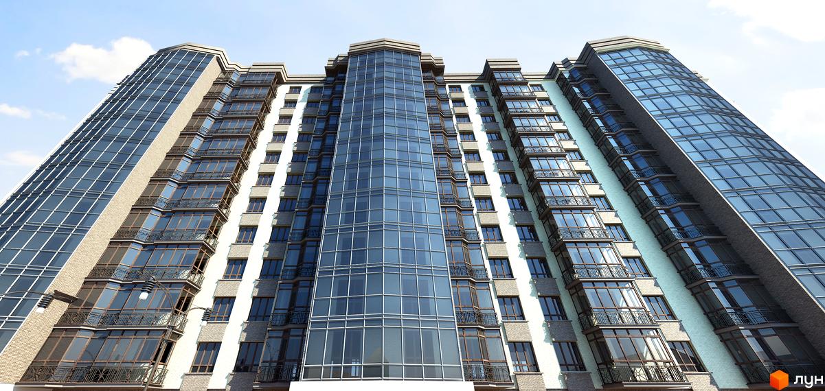 Житловий комплекс Атлант: фасади будівель з панорамним склінням та балконами. Зовнішній вигляд новобудови з цегляним оздобленням та скляними елементами.