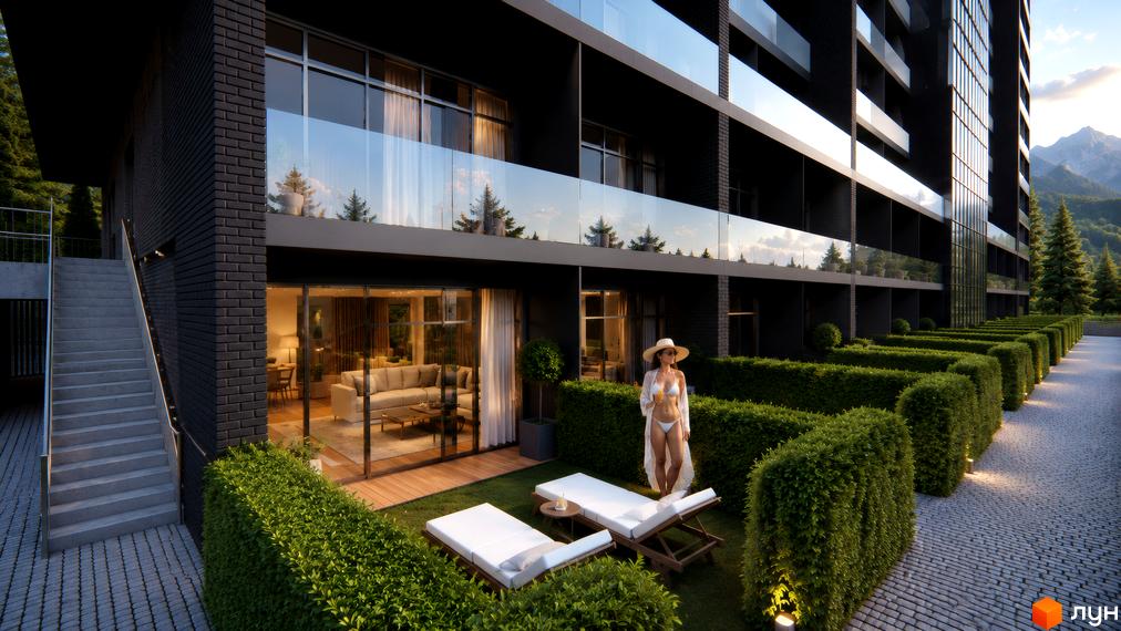 AMA APARTMENTS - новобудова з темною цегляною фасадною обробкою та скляними балконами, що виходить на зелену прибудинкову територію з шезлонгами.