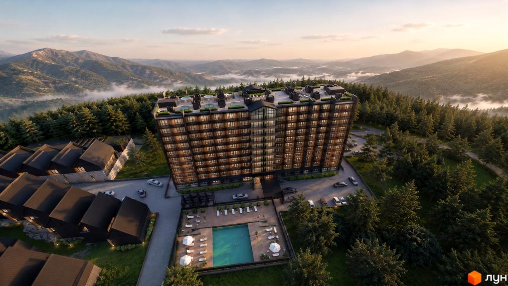 Багатоповерховий будинок AMA APARTMENTS з темним фасадом та великими вікнами. На даху є басейни, а поруч відкритий басейн та котеджі серед гірського лісу.