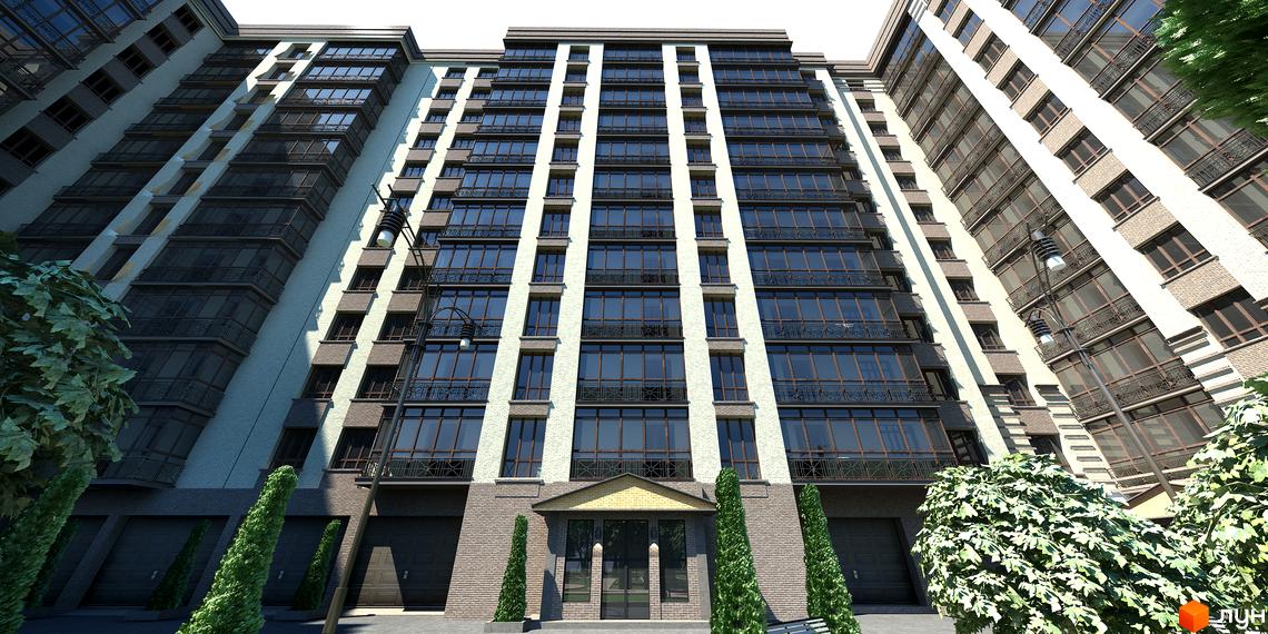 Новобудова ЖК Атлант - це багатоповерховий будинок з цегляним фасадом, великими вікнами та балконами. Прибудинкова територія озеленена деревами та кущами.