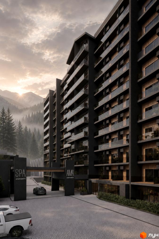 AMA APARTMENTS - сучасний житловий комплекс з темним фасадом та скляними балконами на тлі гір та лісу. Перед будинком облаштована парковка та вхідна група.