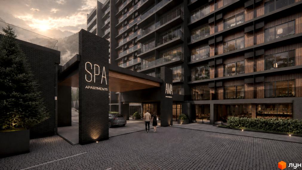 AMA APARTMENTS - фасади будівель з дерев'яними елементами та скляними балконами, перед входом - парковка та зелені насадження.