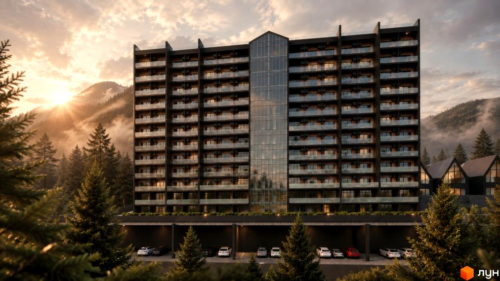 AMA APARTMENTS - багатоповерховий будинок з панорамними вікнами та балконами, розташований серед гір та лісу. На передньому плані видно парковку з автомобілями.