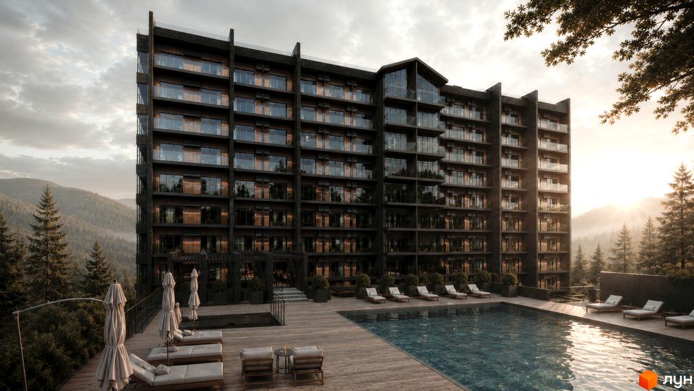 AMA APARTMENTS - багатоповерховий будинок з темними фасадами та скляними балконами, басейн та шезлонги на дерев'яній терасі.