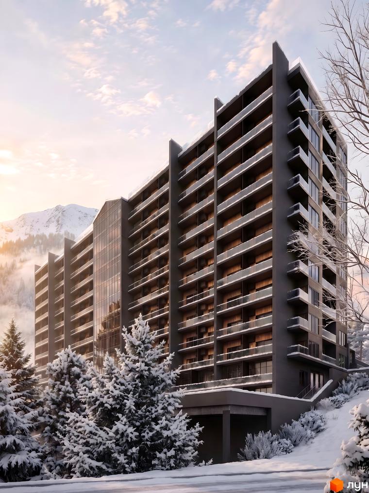 AMA APARTMENTS: багатоповерховий будинок з темним фасадом та скляними балконами, розташований серед засніжених ялинок та гір.