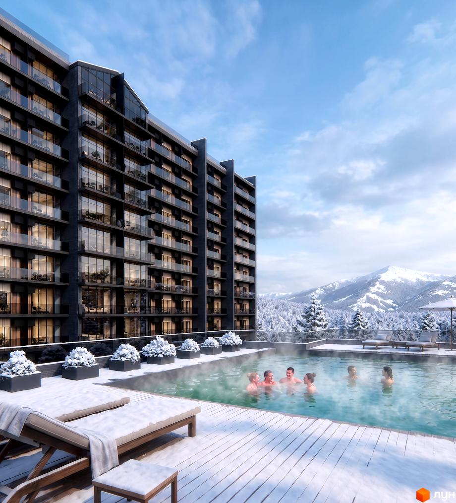 AMA APARTMENTS - багатоповерховий будинок з панорамними вікнами та балконами, басейн з підігрівом на тлі засніжених гір та лісу.