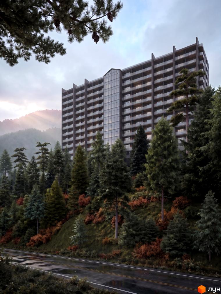 AMA APARTMENTS - багатоповерховий житловий комплекс з балконами, оточений лісом та гірським пейзажем. Поруч проходить мокра дорога.