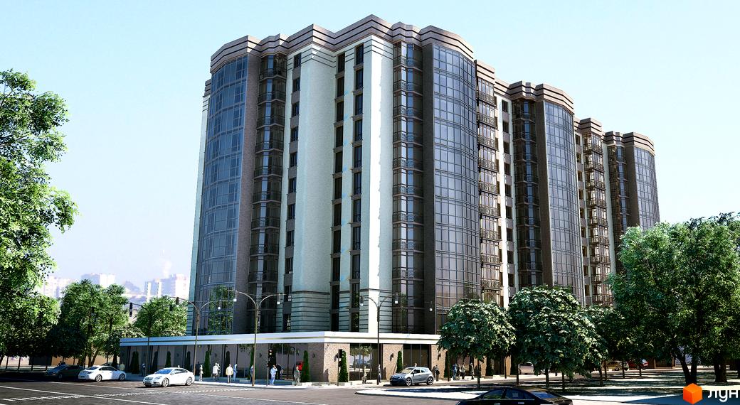 Зовнішній вигляд житлового комплексу Атлант з багатоповерховими будинками та скляними фасадами. Навколо комплексу зелені дерева та доглянута прибудинкова територія.