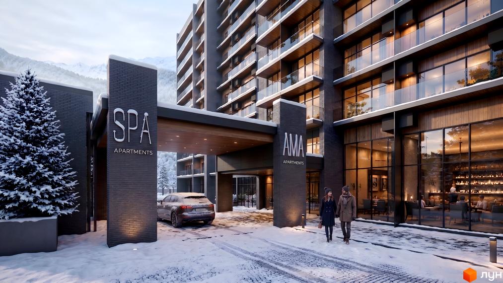 AMA APARTMENTS - фасади будівлі з балконами та панорамними вікнами, вхідна група зі снігом та деревами, на тлі гір.
