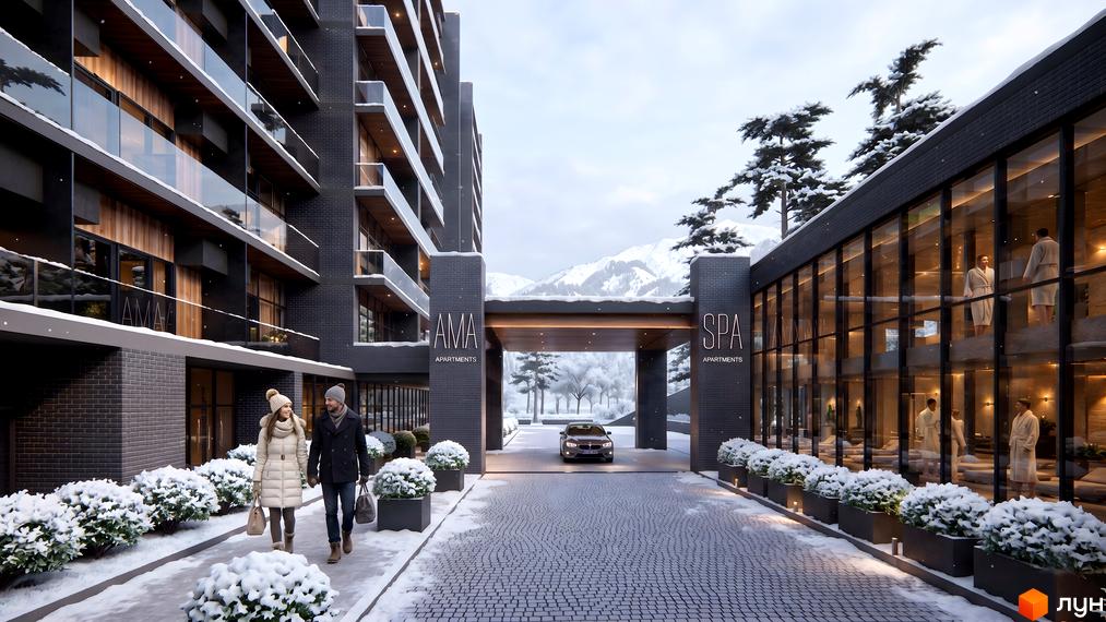 Зимовий вигляд комплексу AMA APARTMENTS та SPA APARTMENTS з темними фасадами, скляними балконами та великими вікнами. Навколо засніжена територія з кущами та гірським пейзажем.