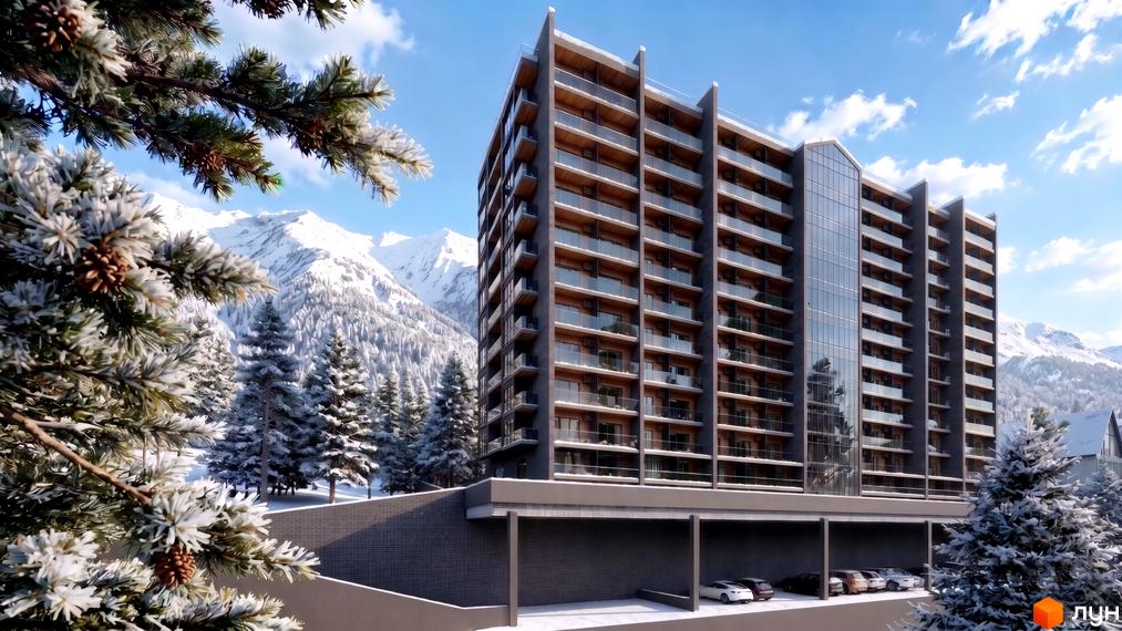 AMA APARTMENTS - багатоповерховий будинок з балконами та скляним фасадом на тлі засніжених гір та ялинок. Біля будинку розташований паркінг з автомобілями.