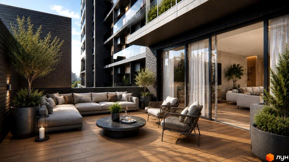 Фасад AMA APARTMENTS виконаний з темної цегли, з великими вікнами та балконами. На просторій терасі розміщені вуличні меблі та рослини.
