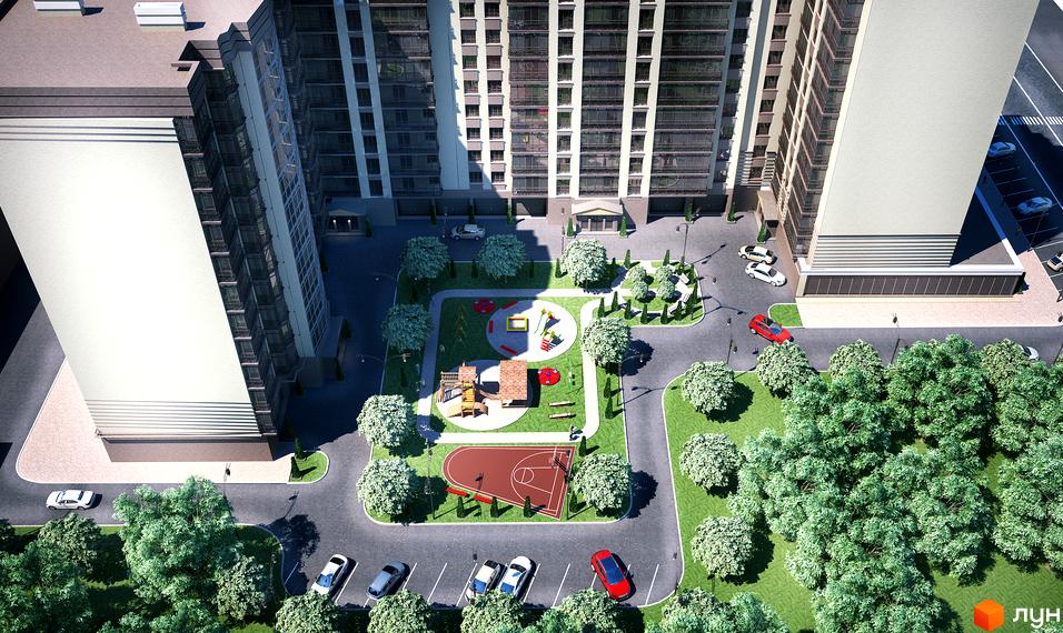 Житловий комплекс Атлант: високі будівлі з панорамними вікнами та доглянута прибудинкова територія з дитячим майданчиком та спортивною зоною.