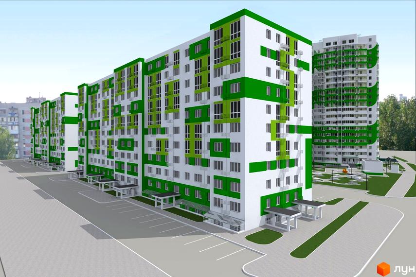 Зовнішній вигляд житлового комплексу ЖМ Острови з зеленими акцентами. Прибудинкова територія з паркувальними місцями та зеленими зонами.