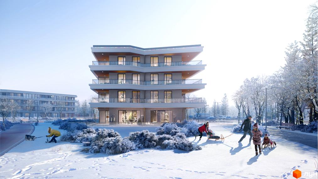 Житловий комплекс Park Lake City з балконами та вікнами, оточений засніженими деревами та дитячими розвагами на санках.
