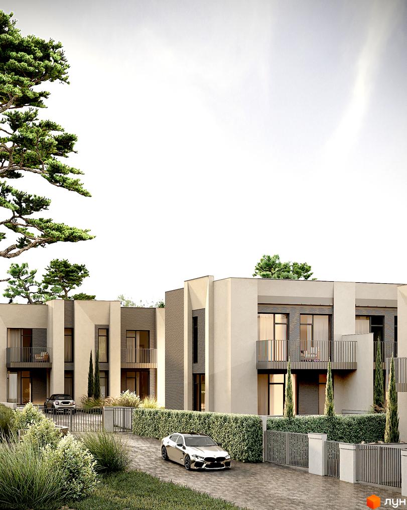 Будинки Таунхауси Svitanok Residence мають світлі фасади, балкони та темні вікна. Прибудинкова територія облаштована доріжками, зеленими огорожами та різноманітними рослинами.