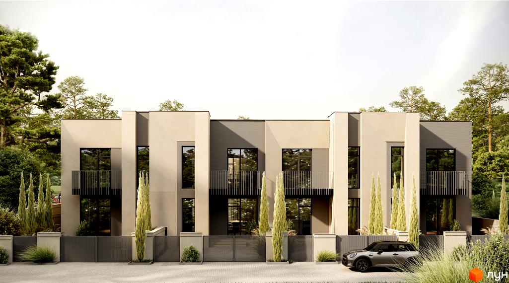 Таунхауси Svitanok Residence - це сучасні будинки з великими вікнами та балконами, оточені зеленню та огороджені парканом. Перед будинками розташована брукована доріжка та зелені насадження.