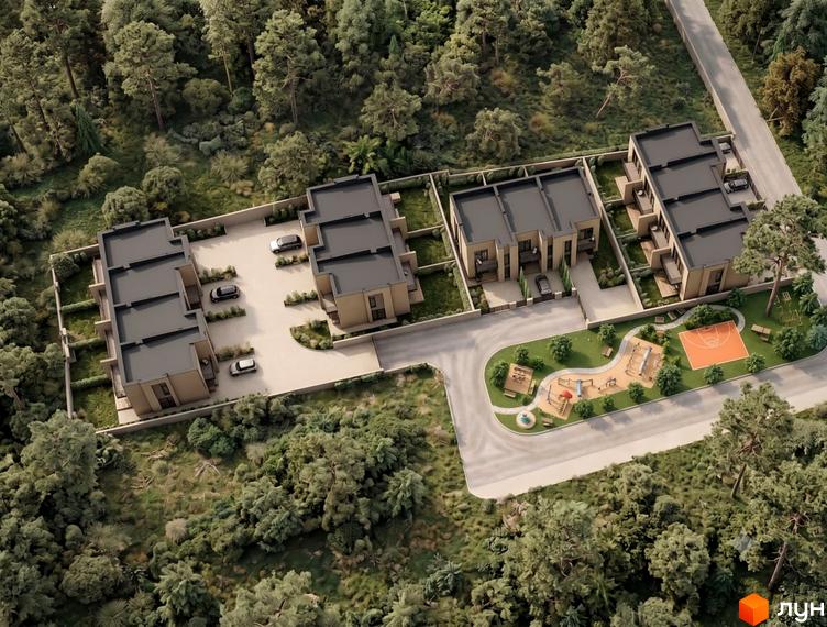 Таунхауси Svitanok Residence з пласким дахом та індивідуальними паркомісцями, поруч дитячий майданчик та баскетбольне поле.