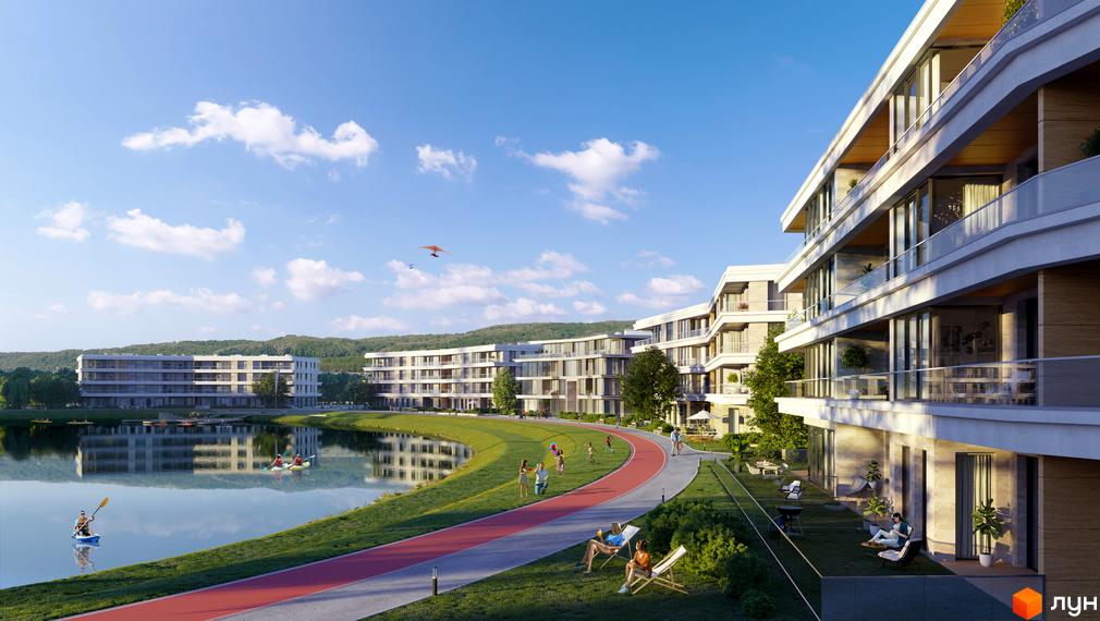 Житловий комплекс Park Lake City: багатоквартирні будинки з балконами та панорамними вікнами, що виходять на озеро та зелену зону з доріжками для прогулянок.