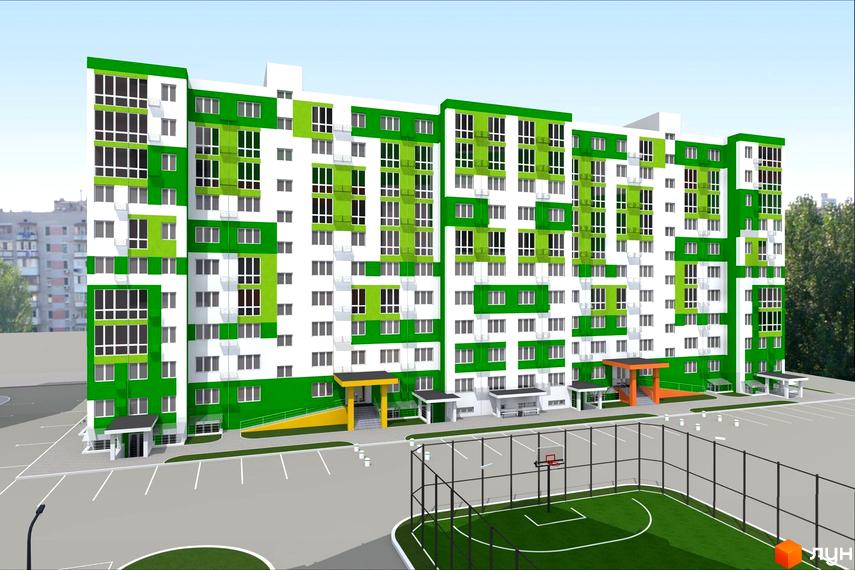 Житловий комплекс ЖМ Острови з яскравим фасадом та прибудинковою територією, що включає спортивні майданчики та парковку.