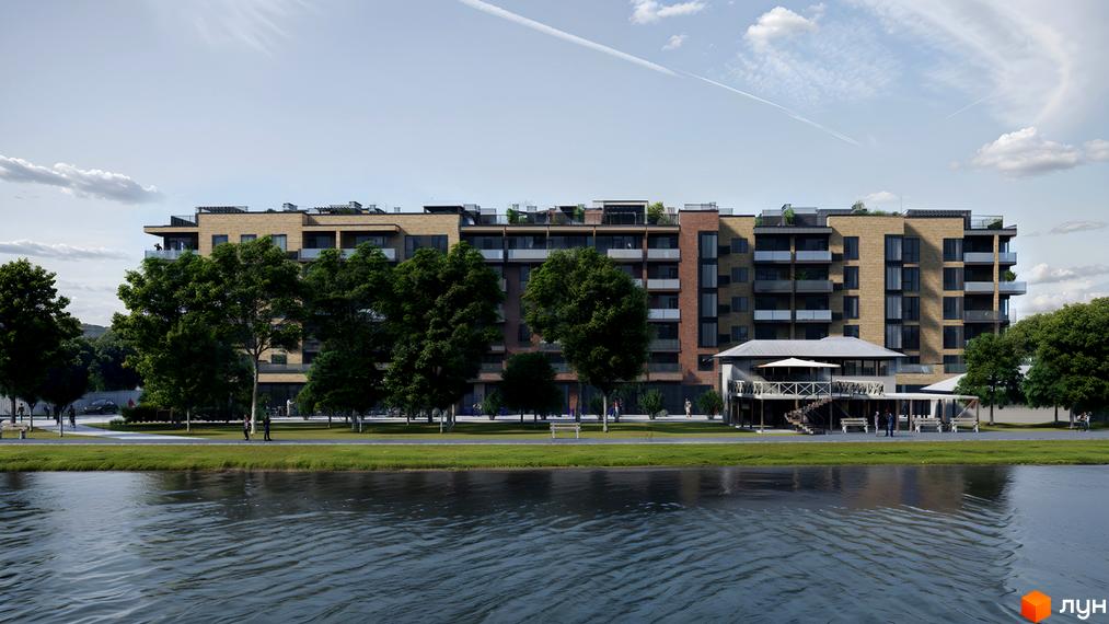 Житловий комплекс CITY LAKE: багатоповерховий будинок з балконами біля водойми. На передньому плані зелені насадження та прогулянкова зона.