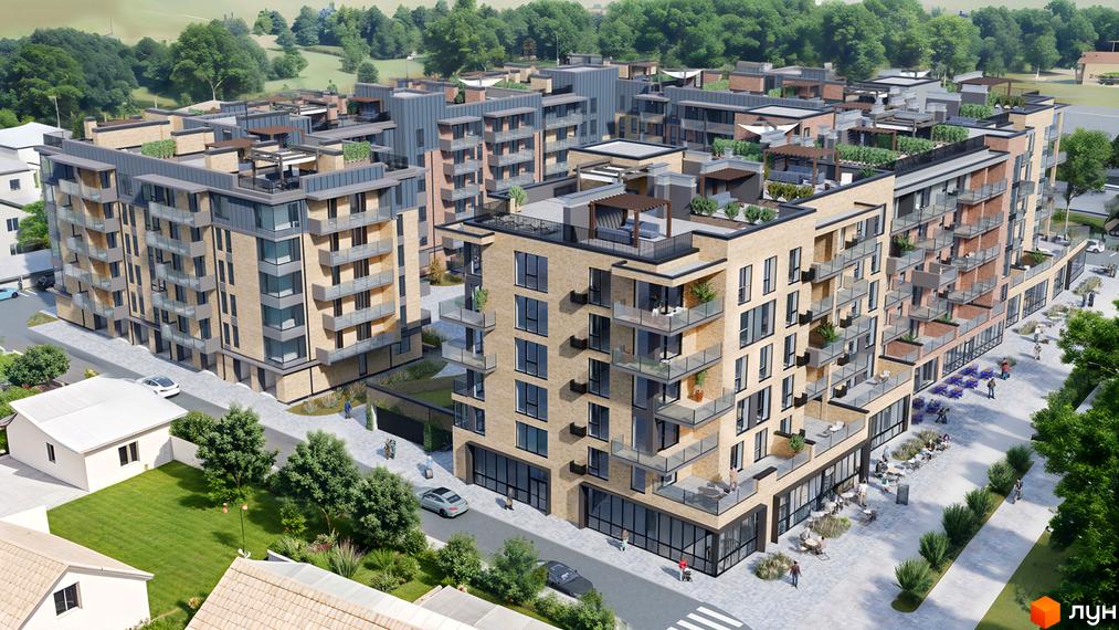Комплекс CITY LAKE: багатоповерхові будинки зі світлої цегли, балконами та зеленими дахами. Навколо – пішохідні зони, кафе та озеленення.