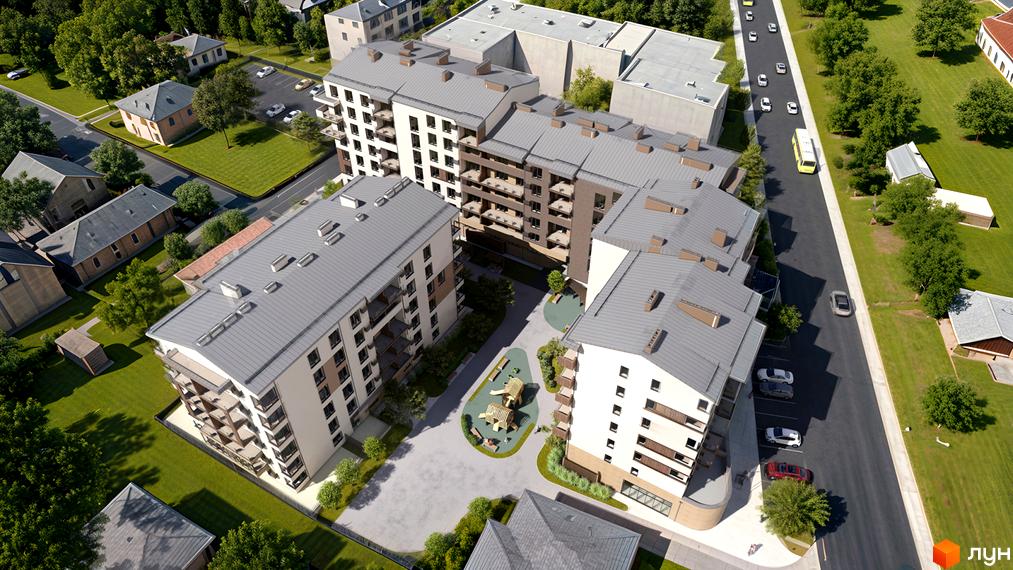 Зовнішній вигляд житлового комплексу на вул. Гетьмана Івана Мазепи, 159, з дитячим майданчиком та парковкою. Новобудова з сірими дахами та балконами.