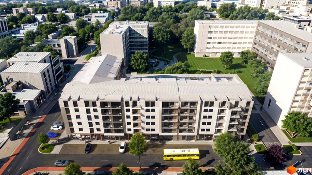 Зовнішній вигляд новобудови на вул. Чайковського, 9, з прибудинковою територією та зеленими зонами.