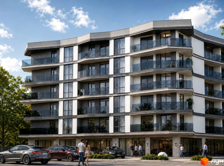 Житловий комплекс Riviera Residence: багатоповерховий будинок з балконами, скляними огорожами та світло-сірим фасадом. Перед будинком розташована парковка та зелені насадження.