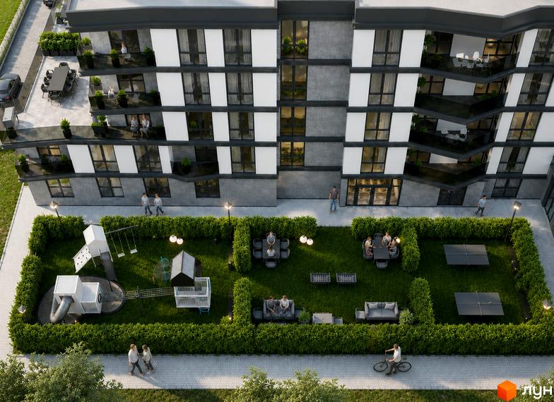 Житловий комплекс Riviera Residence: багатоповерховий будинок з сіро-білим фасадом та балконами. Прибудинкова територія має дитячий майданчик, зони відпочинку та тенісні столи.