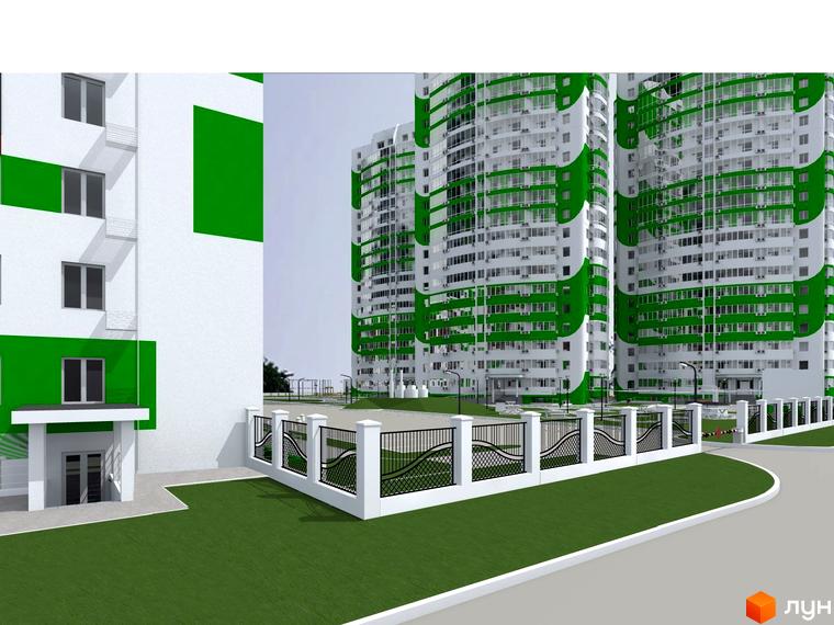 Житловий комплекс ЖМ Острови з яскравим фасадом та прибудинковою територією, облаштованою для відпочинку мешканців.