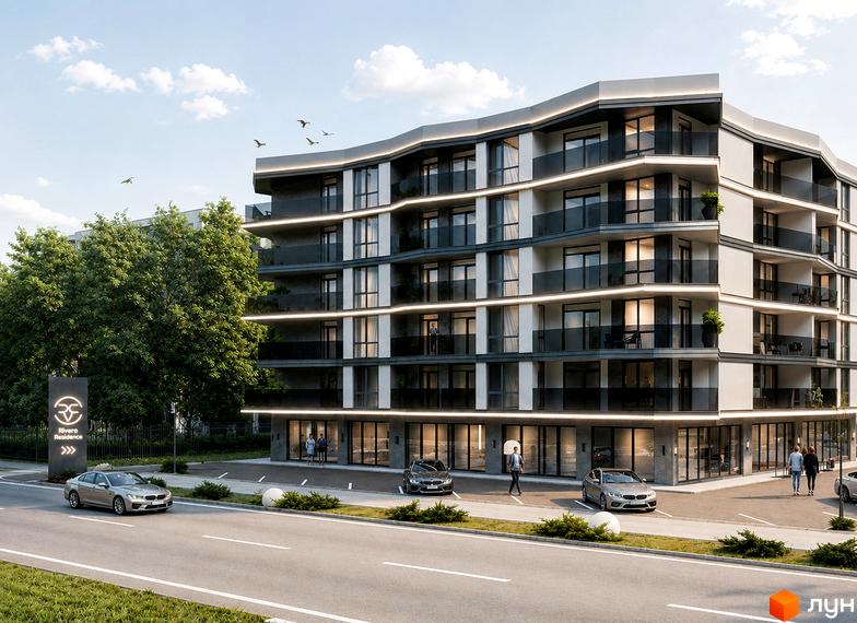 Житловий комплекс Riviera Residence з хвилястим фасадом, скляними балконами та горизонтальним підсвічуванням. На прибудинковій території дорога, зелені насадження та автомобілі.