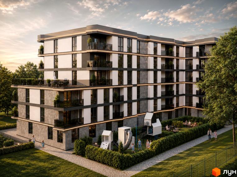 Житловий комплекс Riviera Residence: багатоповерховий будинок зі світлими та темними фасадами, балконами, підсвічуванням та дитячим майданчиком на території.