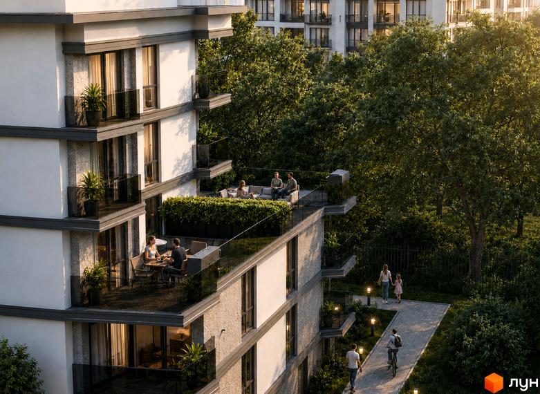 Житловий комплекс Riviera Residence: світлий багатоповерховий будинок з балконами та терасами, оточений зеленими насадженнями та доріжками.