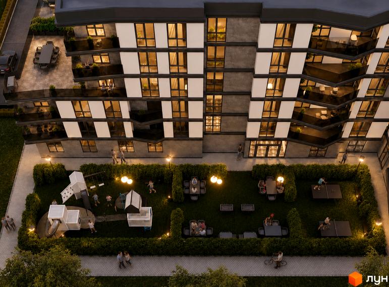 Житловий комплекс Riviera Residence: багатоповерховий будинок з контрастним фасадом. Прибудинкова територія має дитячий майданчик, зони відпочинку та тенісні столи.