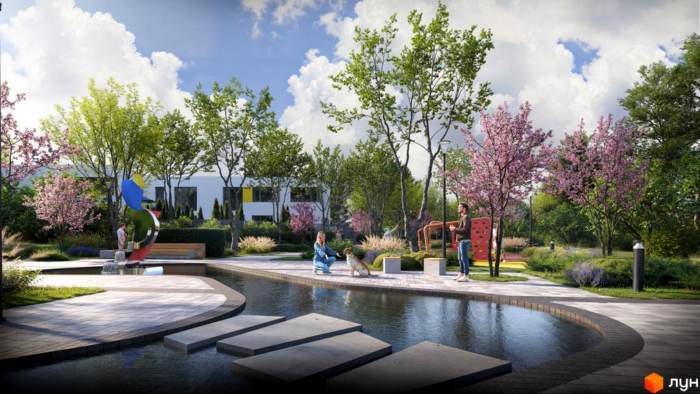 Котеджне містечко ARTPARK: фасади білих будинків, прибудинкова територія з водоймою, фонтаном, деревами та спортивним обладнанням.